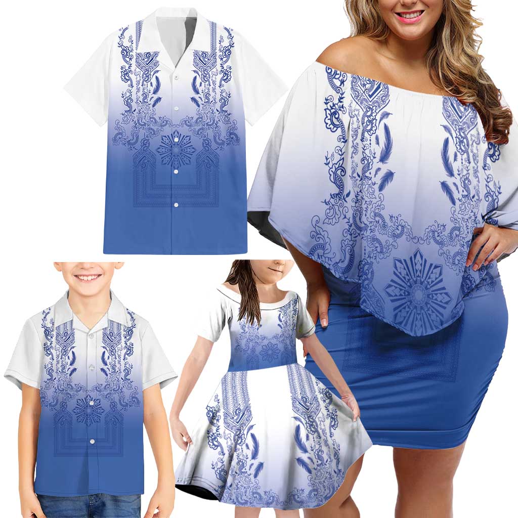 Philippines Barong Style Family Matching Off Shoulder Short Dress and Hawaiian Shirt with Polynesian Art and Leaf Motif Blue Color