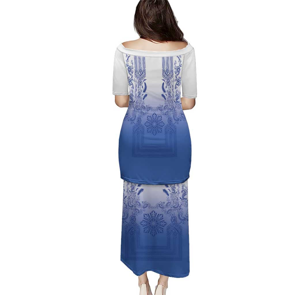 Philippines Barong Style Family Matching Puletasi and Hawaiian Shirt with Polynesian Art and Leaf Motif Blue Color LT03 - Polynesian Pride