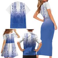 Philippines Barong Style Family Matching Short Sleeve Bodycon Dress and Hawaiian Shirt with Polynesian Art and Leaf Motif Blue Color LT03 - Polynesian Pride
