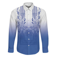 Philippines Barong Style Family Matching Short Sleeve Bodycon Dress and Hawaiian Shirt with Polynesian Art and Leaf Motif Blue Color LT03 Dad's Shirt - Long Sleeve Blue - Polynesian Pride