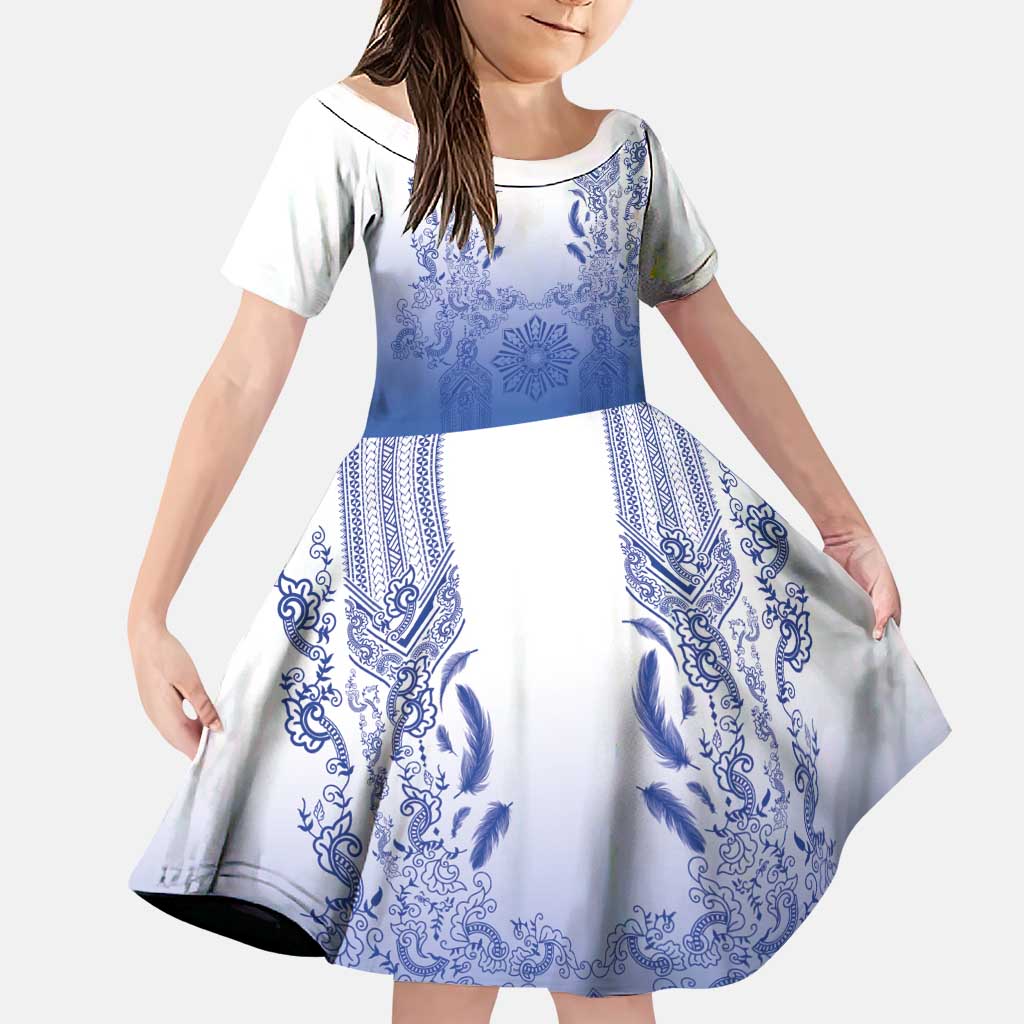 Philippines Barong Style Family Matching Summer Maxi Dress and Hawaiian Shirt with Polynesian Art and Leaf Motif Blue Color LT03 Daughter's Dress Blue - Polynesian Pride