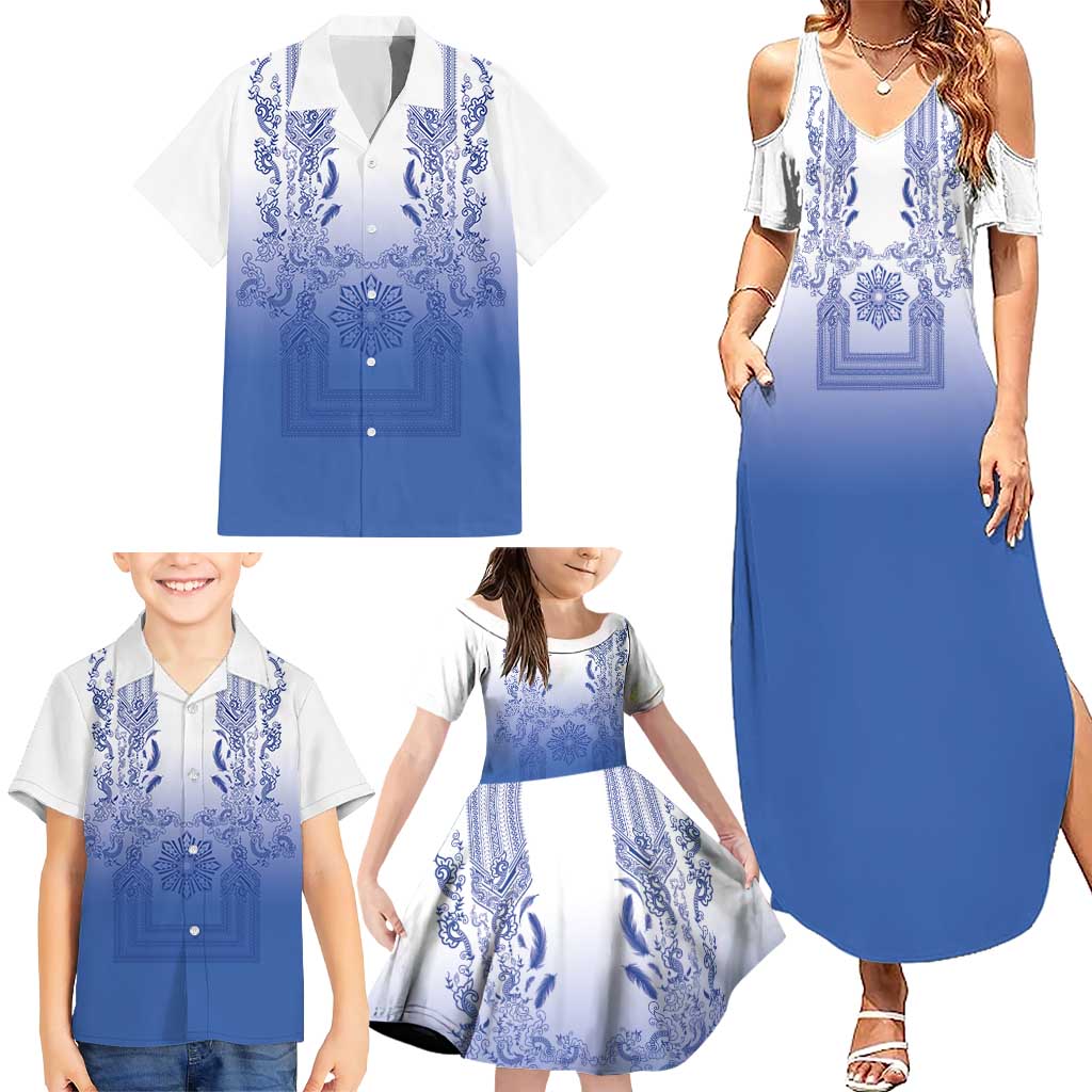 Philippines Barong Style Family Matching Summer Maxi Dress and Hawaiian Shirt with Polynesian Art and Leaf Motif Blue Color LT03 - Polynesian Pride