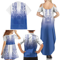 Philippines Barong Style Family Matching Summer Maxi Dress and Hawaiian Shirt with Polynesian Art and Leaf Motif Blue Color LT03 - Polynesian Pride