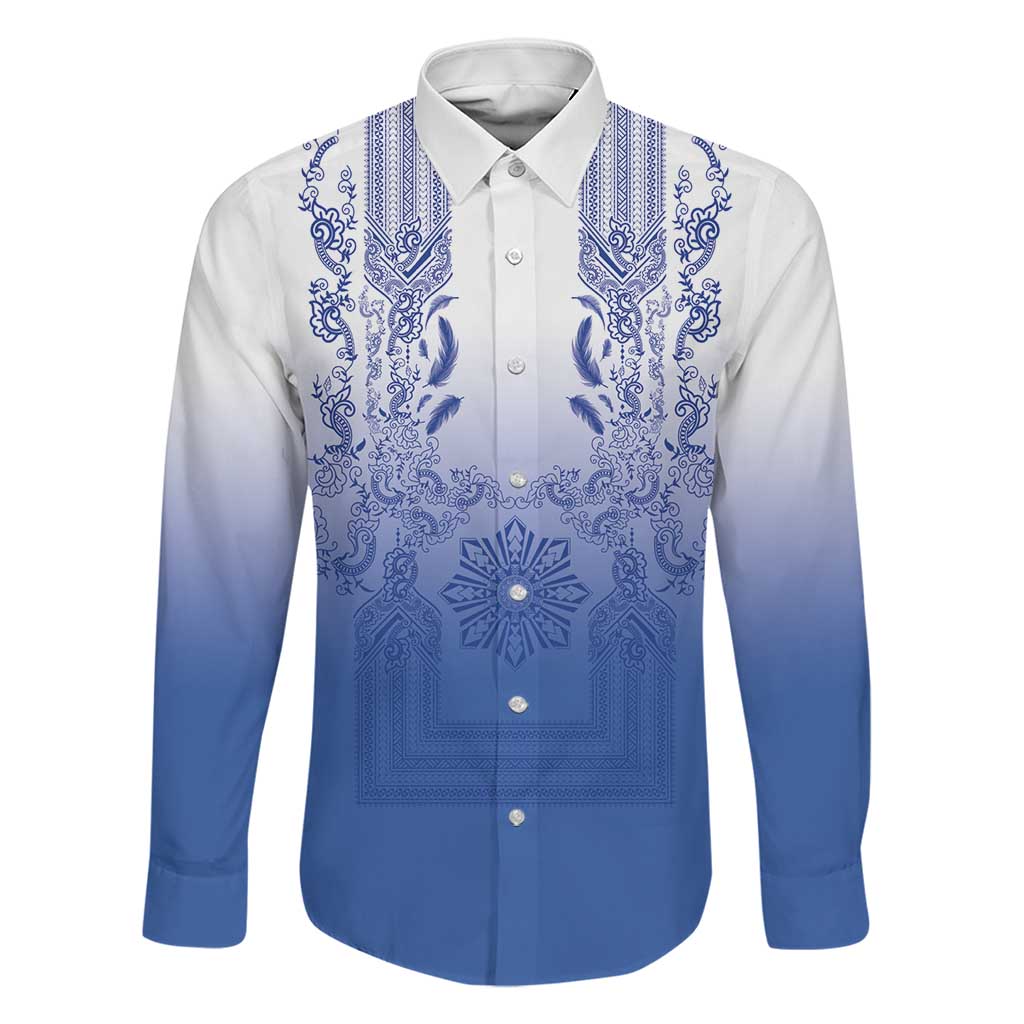 Philippines Barong Style Family Matching Summer Maxi Dress and Hawaiian Shirt with Polynesian Art and Leaf Motif Blue Color LT03 Dad's Shirt - Long Sleeve Blue - Polynesian Pride