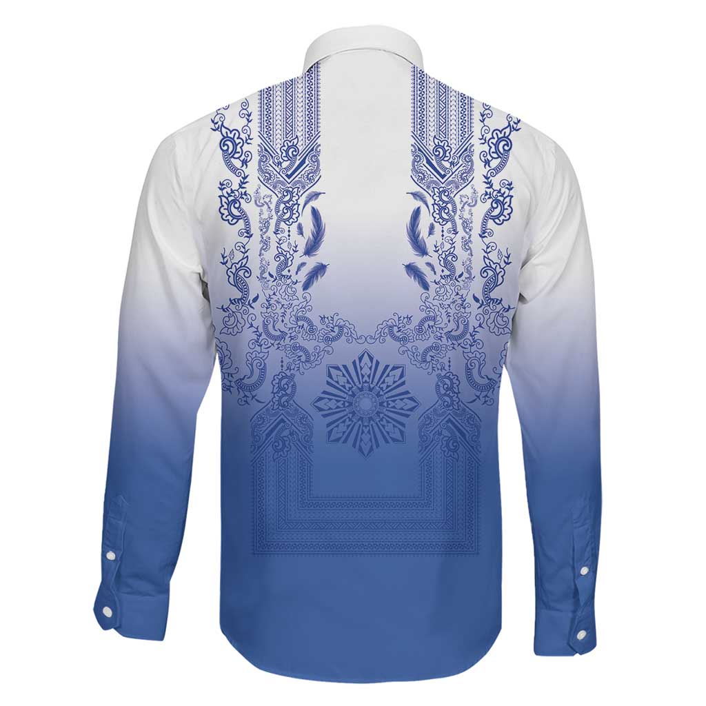 Philippines Barong Style Family Matching Summer Maxi Dress and Hawaiian Shirt with Polynesian Art and Leaf Motif Blue Color LT03 - Polynesian Pride