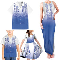 Philippines Barong Style Family Matching Tank Maxi Dress and Hawaiian Shirt with Polynesian Art and Leaf Motif Blue Color LT03 - Polynesian Pride