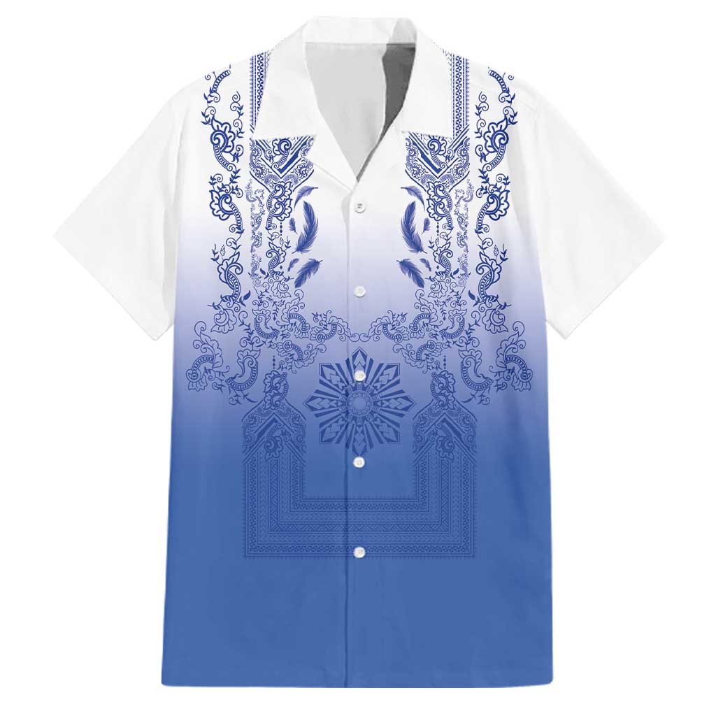 Philippines Barong Style Family Matching Tank Maxi Dress and Hawaiian Shirt with Polynesian Art and Leaf Motif Blue Color LT03 Dad's Shirt - Short Sleeve Blue - Polynesian Pride