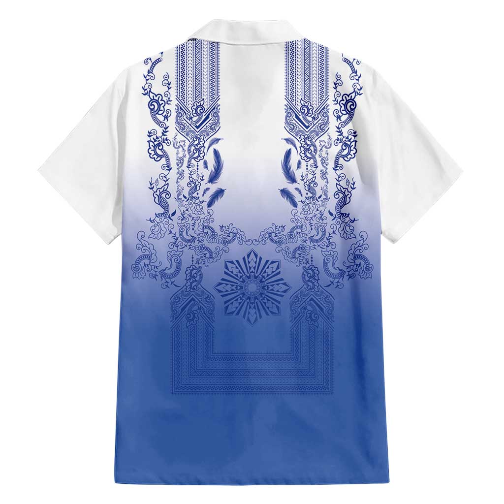 Philippines Barong Style Hawaiian Shirt with Polynesian Art and Leaf Motif Blue Color