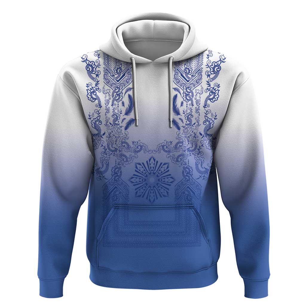 Philippines Barong Style Hoodie with Polynesian Art and Leaf Motif Blue Color