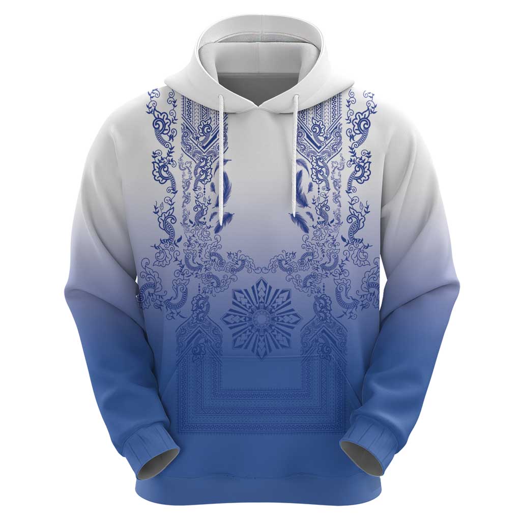 Philippines Barong Style Hoodie with Polynesian Art and Leaf Motif Blue Color