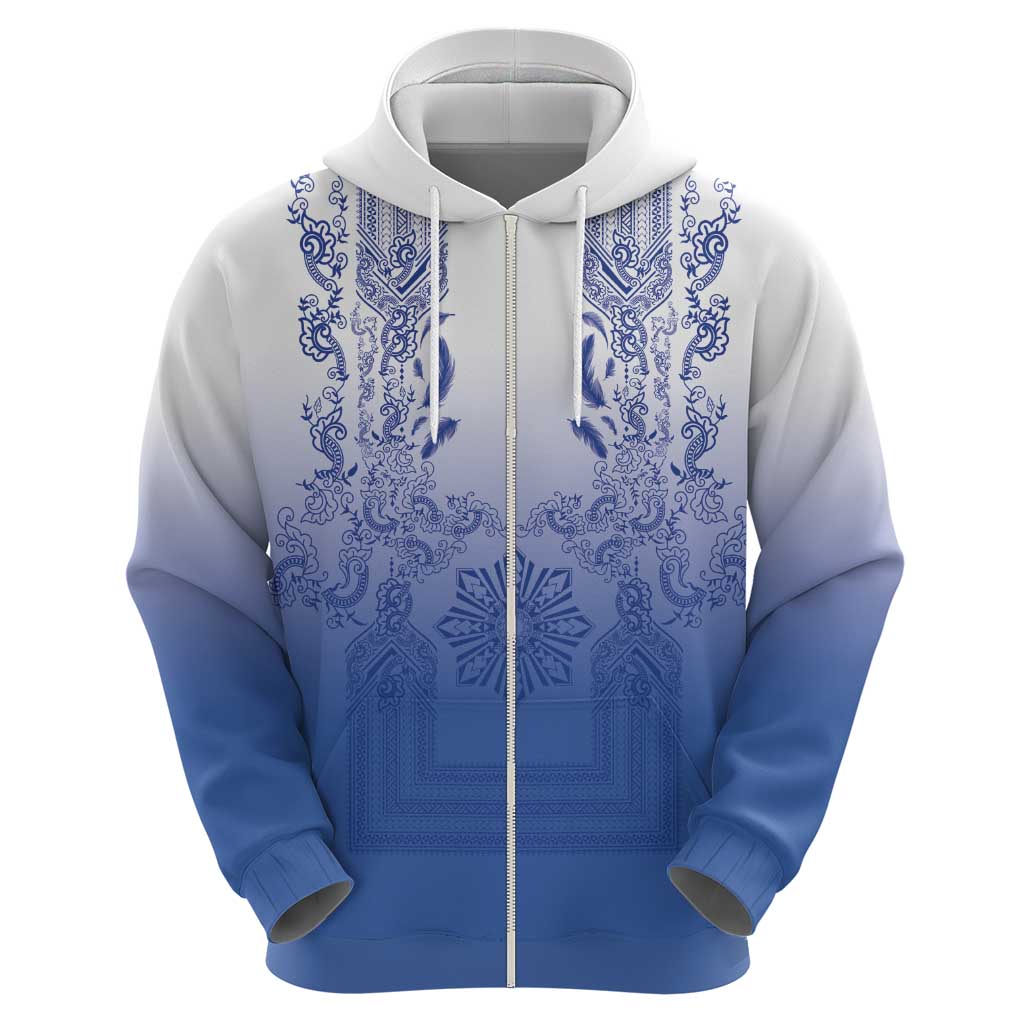 Philippines Barong Style Hoodie with Polynesian Art and Leaf Motif Blue Color