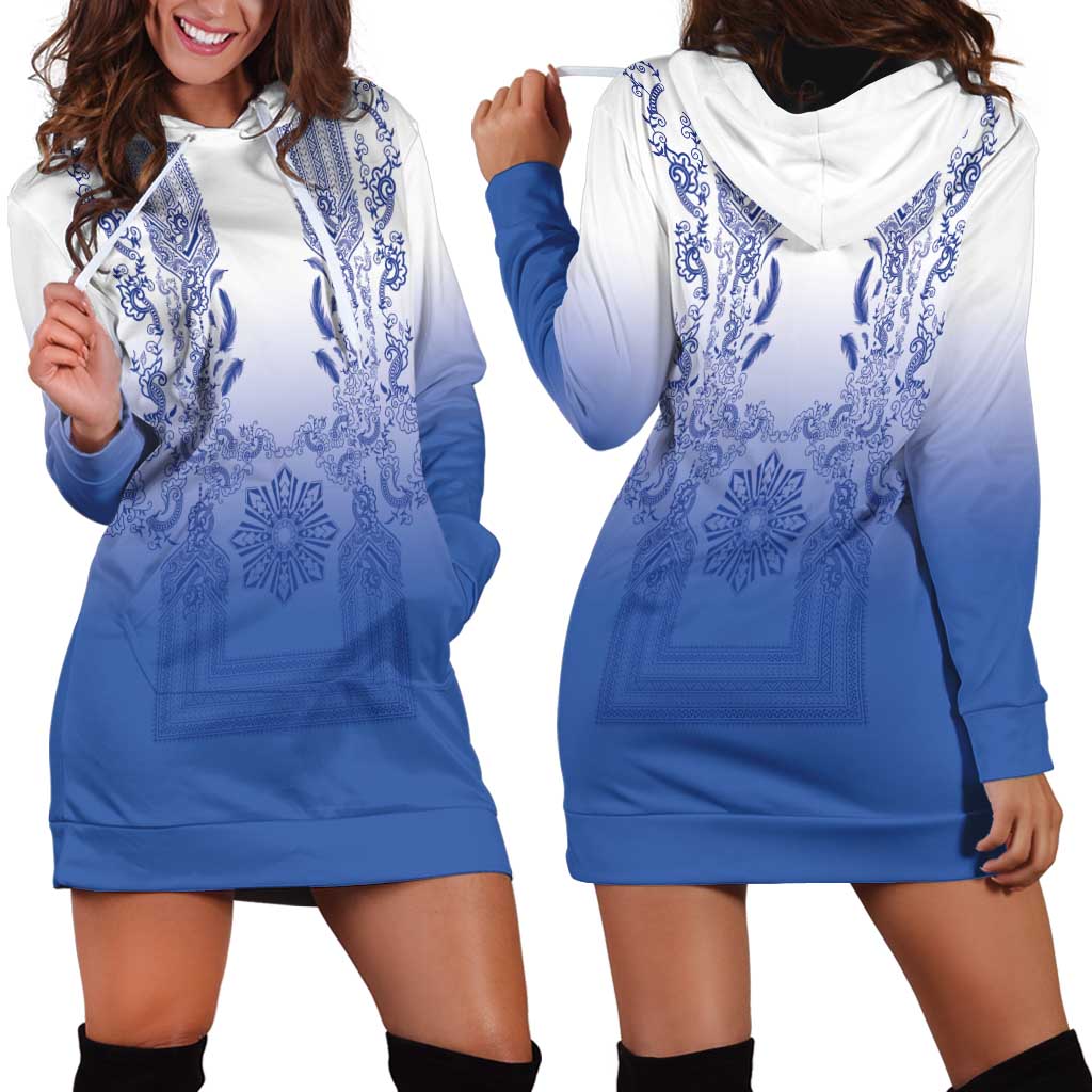 Philippines Barong Style Hoodie Dress with Polynesian Art and Leaf Motif Blue Color