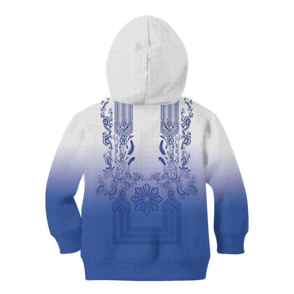 Philippines Barong Style Kid Hoodie with Polynesian Art and Leaf Motif Blue Color