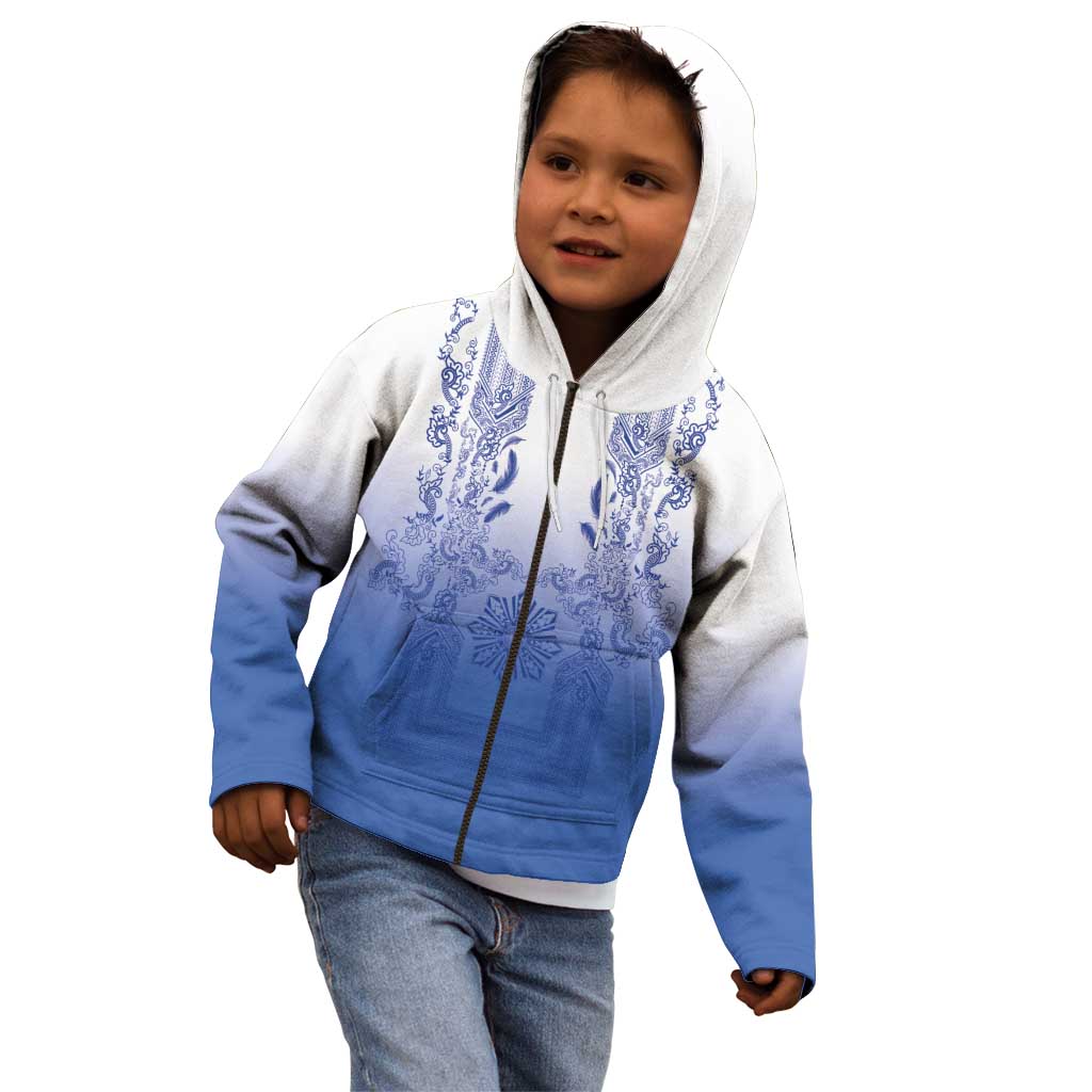 Philippines Barong Style Kid Hoodie with Polynesian Art and Leaf Motif Blue Color