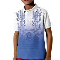 Philippines Barong Style Kid Polo Shirt with Polynesian Art and Leaf Motif Blue Color