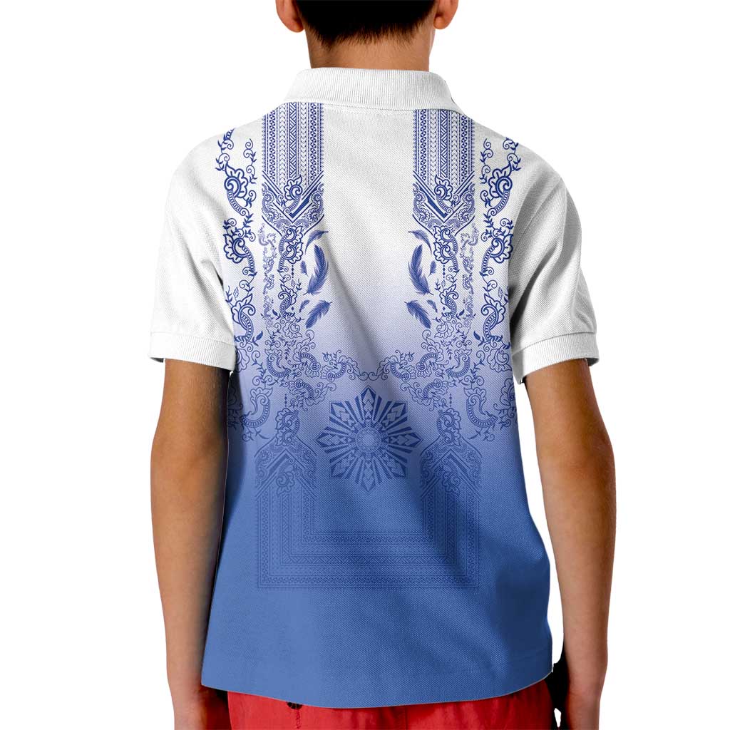 Philippines Barong Style Kid Polo Shirt with Polynesian Art and Leaf Motif Blue Color