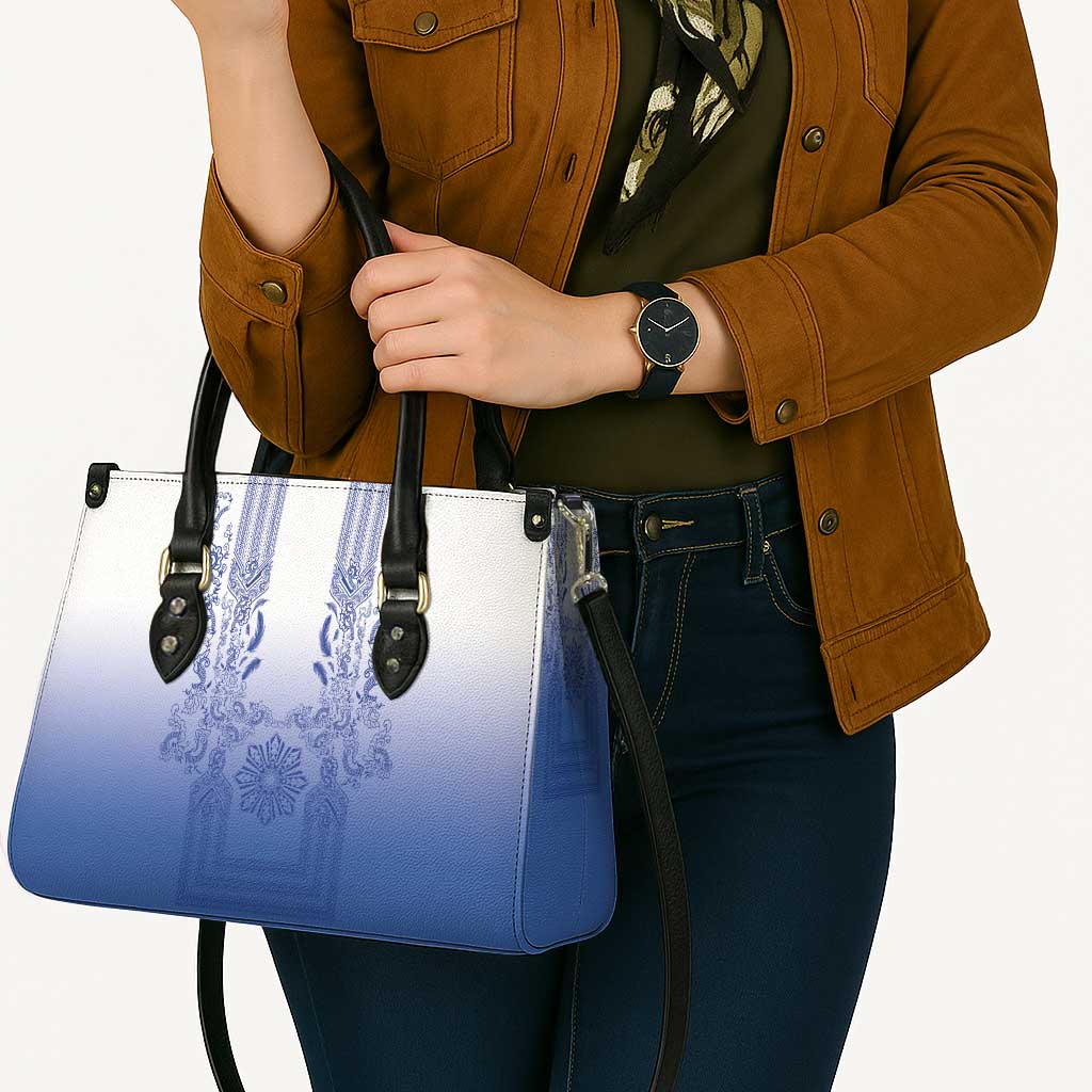 Philippines Barong Style Leather Bag with Polynesian Art and Leaf Motif Blue Color