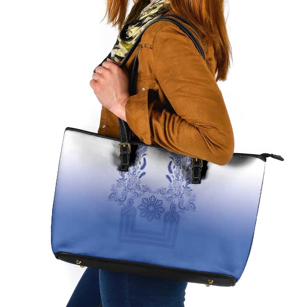 Philippines Barong Style Leather Tote Bag with Polynesian Art and Leaf Motif Blue Color