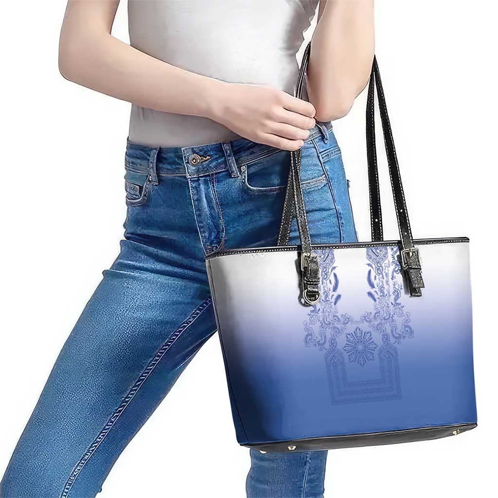 Philippines Barong Style Leather Tote Bag with Polynesian Art and Leaf Motif Blue Color