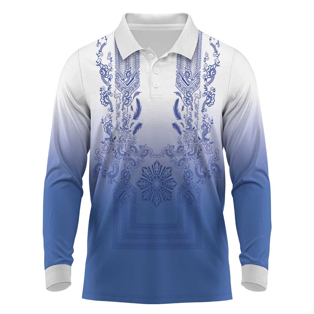 Philippines Barong Style Long Sleeve Polo Shirt with Polynesian Art and Leaf Motif Blue Color