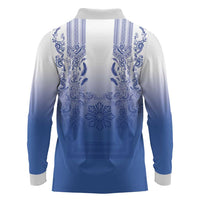 Philippines Barong Style Long Sleeve Polo Shirt with Polynesian Art and Leaf Motif Blue Color