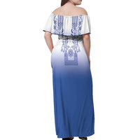 Philippines Barong Style Off Shoulder Maxi Dress with Polynesian Art and Leaf Motif Blue Color