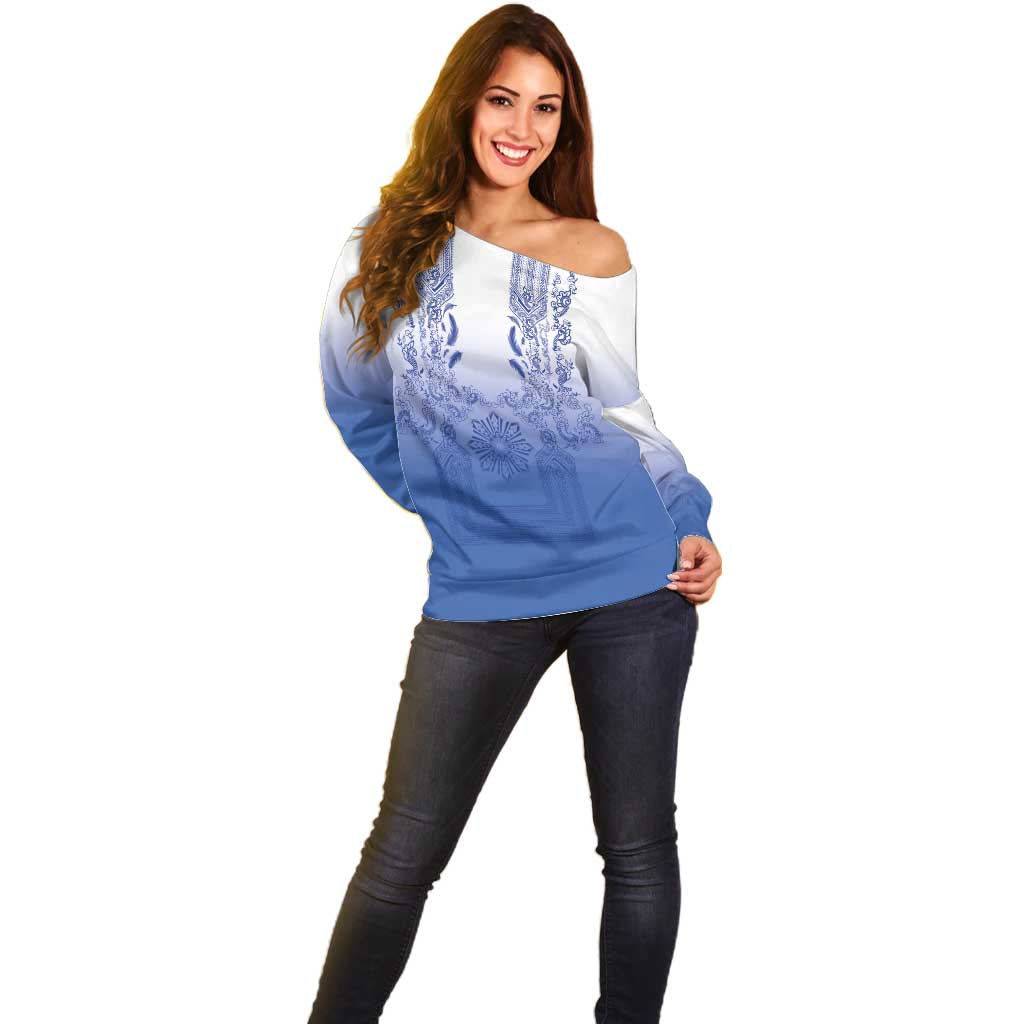 Philippines Barong Style Off Shoulder Sweater with Polynesian Art and Leaf Motif Blue Color