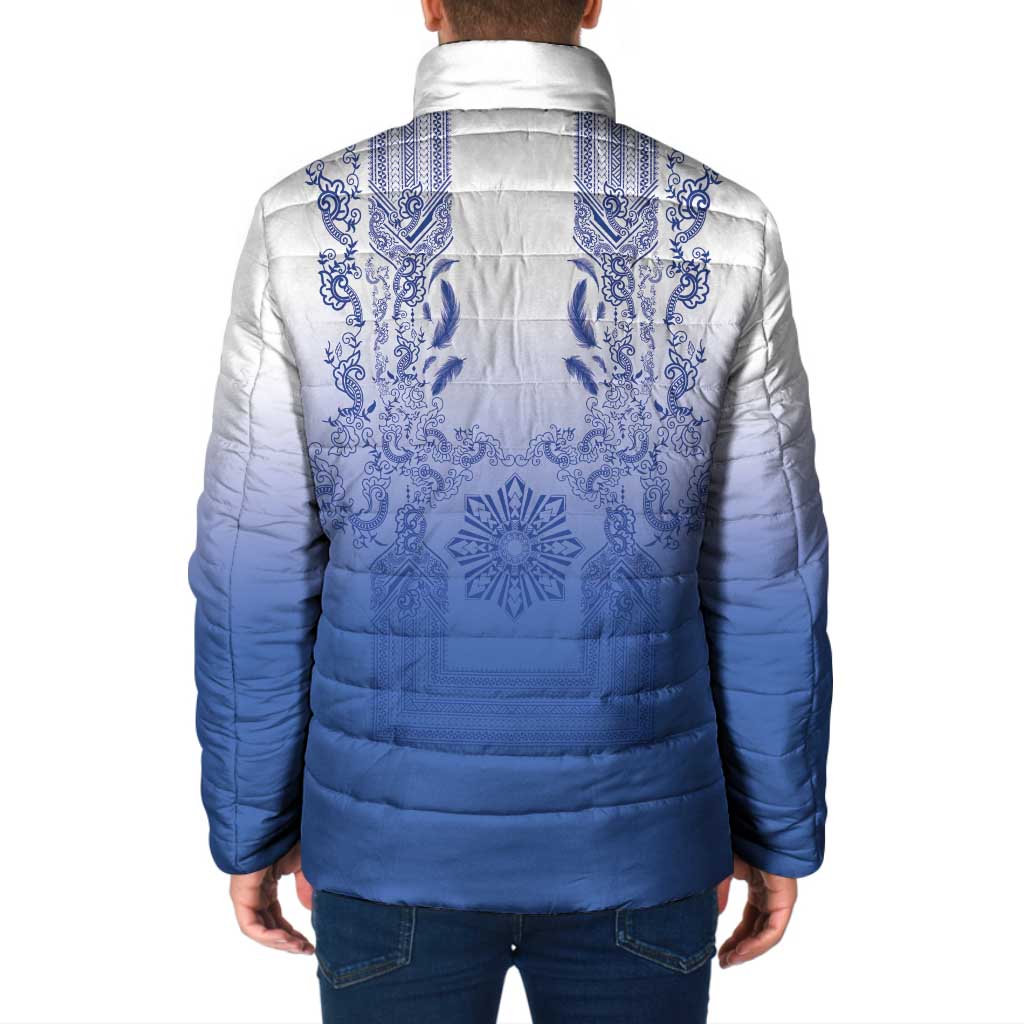 Philippines Barong Style Padded Jacket with Polynesian Art and Leaf Motif Blue Color