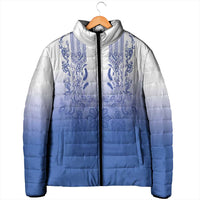 Philippines Barong Style Padded Jacket with Polynesian Art and Leaf Motif Blue Color