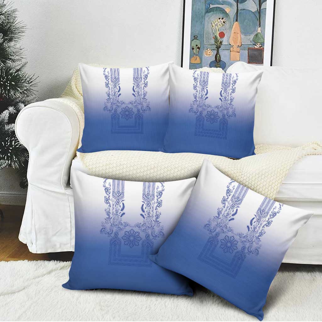 Philippines Barong Style Pillow Cover with Polynesian Art and Leaf Motif Blue Color