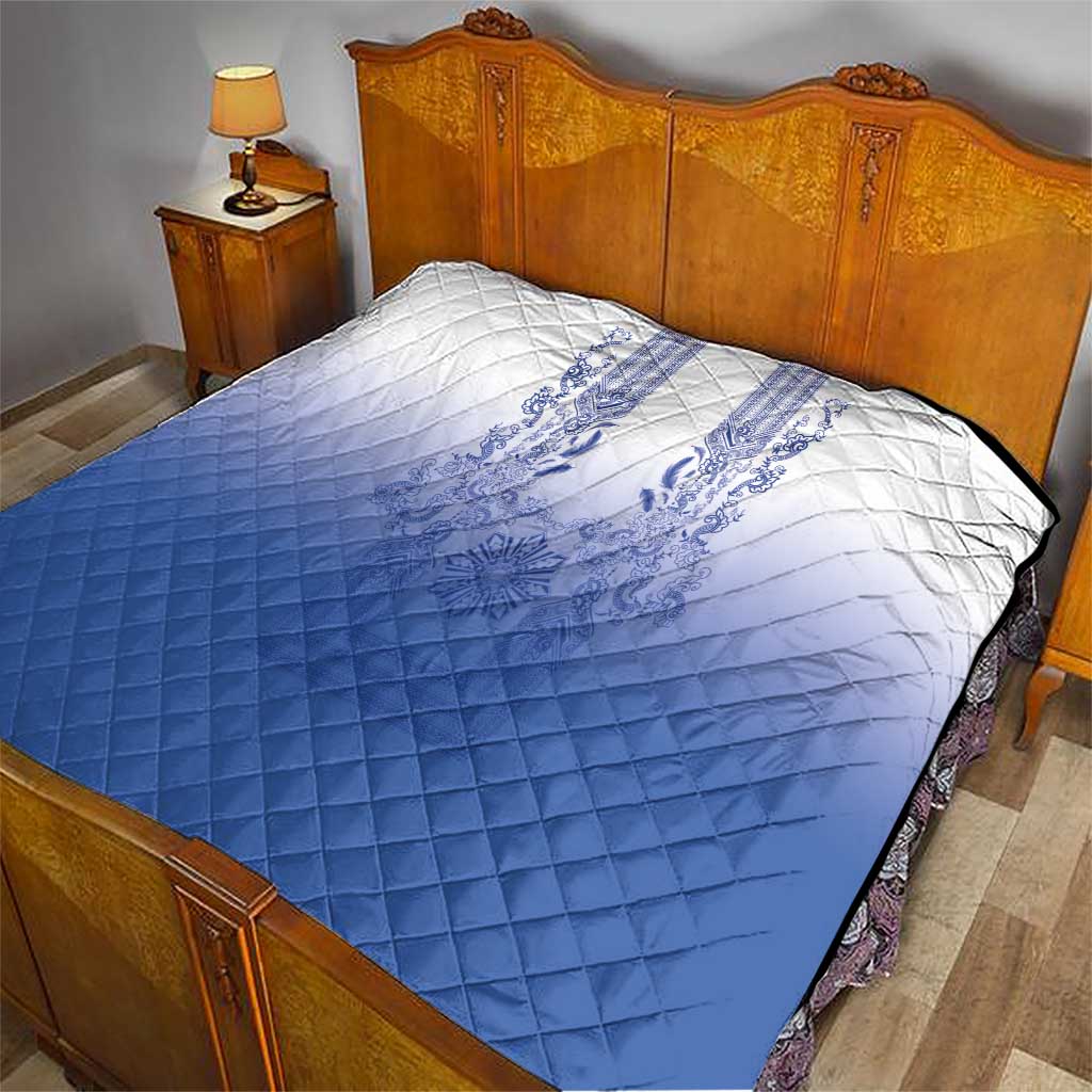 Philippines Barong Style Quilt with Polynesian Art and Leaf Motif Blue Color