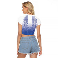 Philippines Barong Style Raglan Cropped T Shirt with Polynesian Art and Leaf Motif Blue Color