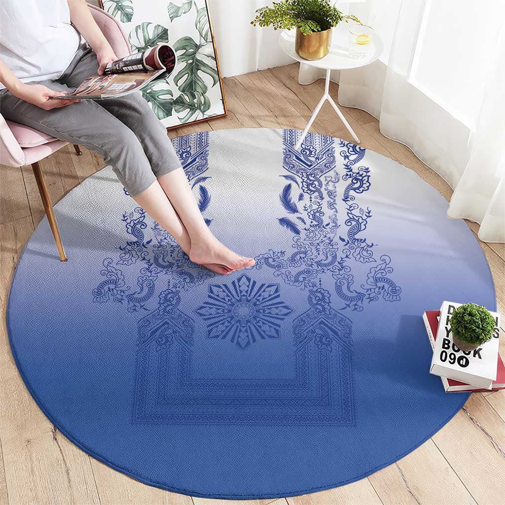 Philippines Barong Style Round Carpet with Polynesian Art and Leaf Motif Blue Color