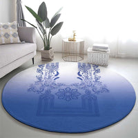 Philippines Barong Style Round Carpet with Polynesian Art and Leaf Motif Blue Color