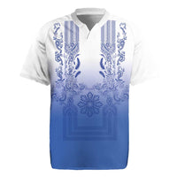 Philippines Barong Style Rugby Jersey with Polynesian Art and Leaf Motif Blue Color