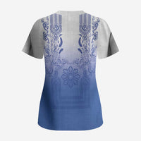 Philippines Barong Style Scrub Top with Polynesian Art and Leaf Motif Blue Color