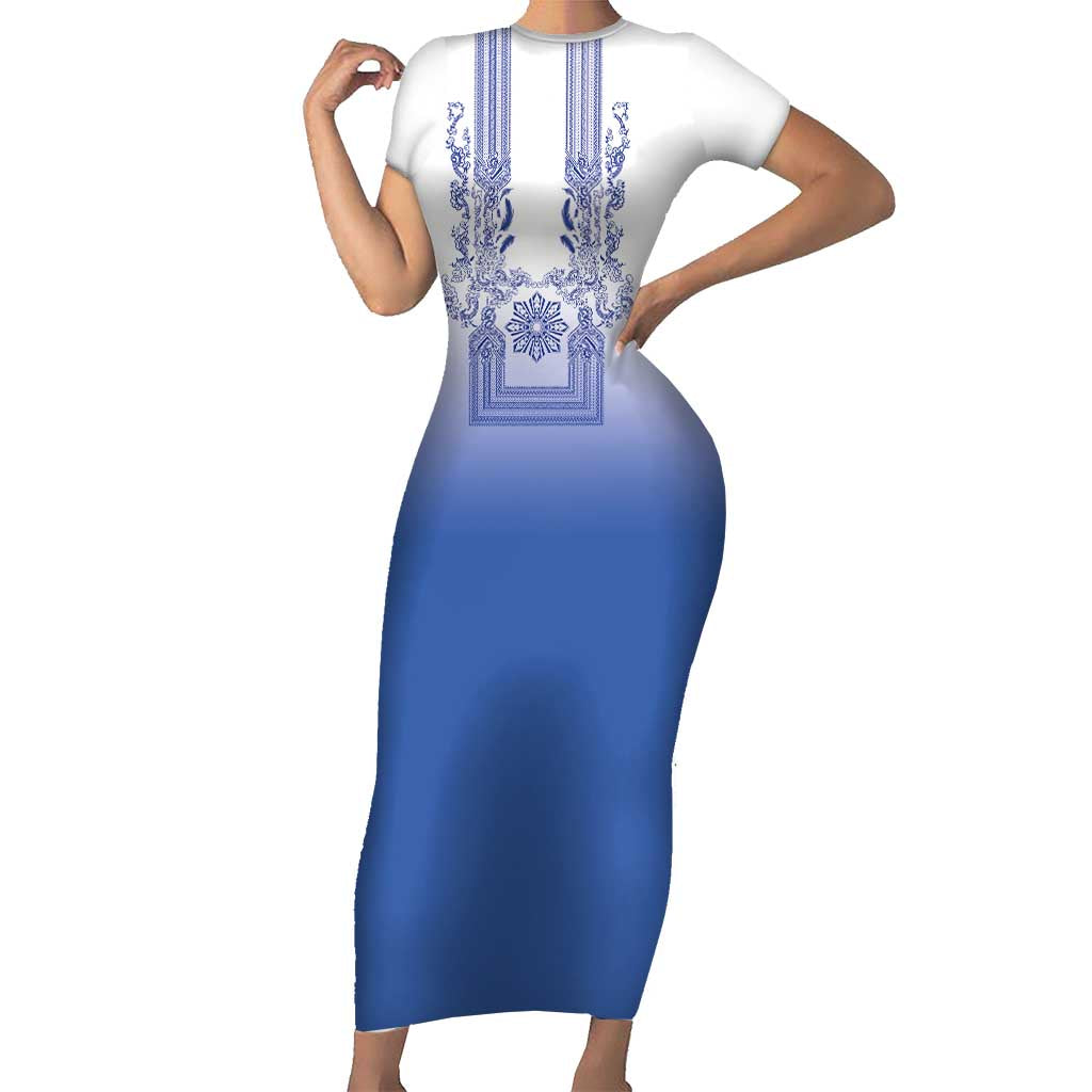 Philippines Barong Style Short Sleeve Bodycon Dress with Polynesian Art and Leaf Motif Blue Color