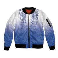 Philippines Barong Style Sleeve Zip Bomber Jacket with Polynesian Art and Leaf Motif Blue Color