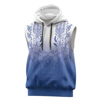 Philippines Barong Style Sleeveless Hoodie with Polynesian Art and Leaf Motif Blue Color
