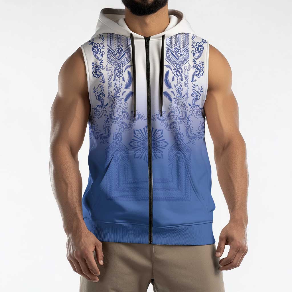 Philippines Barong Style Sleeveless Zip Hoodie with Polynesian Art and Leaf Motif Blue Color