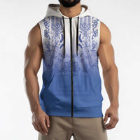 Philippines Barong Style Sleeveless Zip Hoodie with Polynesian Art and Leaf Motif Blue Color