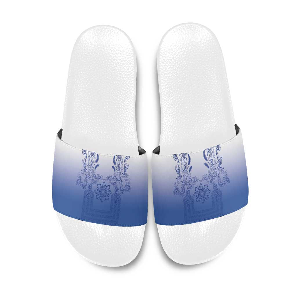 Philippines Barong Style Slide Sandals with Polynesian Art and Leaf Motif Blue Color