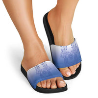 Philippines Barong Style Slide Sandals with Polynesian Art and Leaf Motif Blue Color