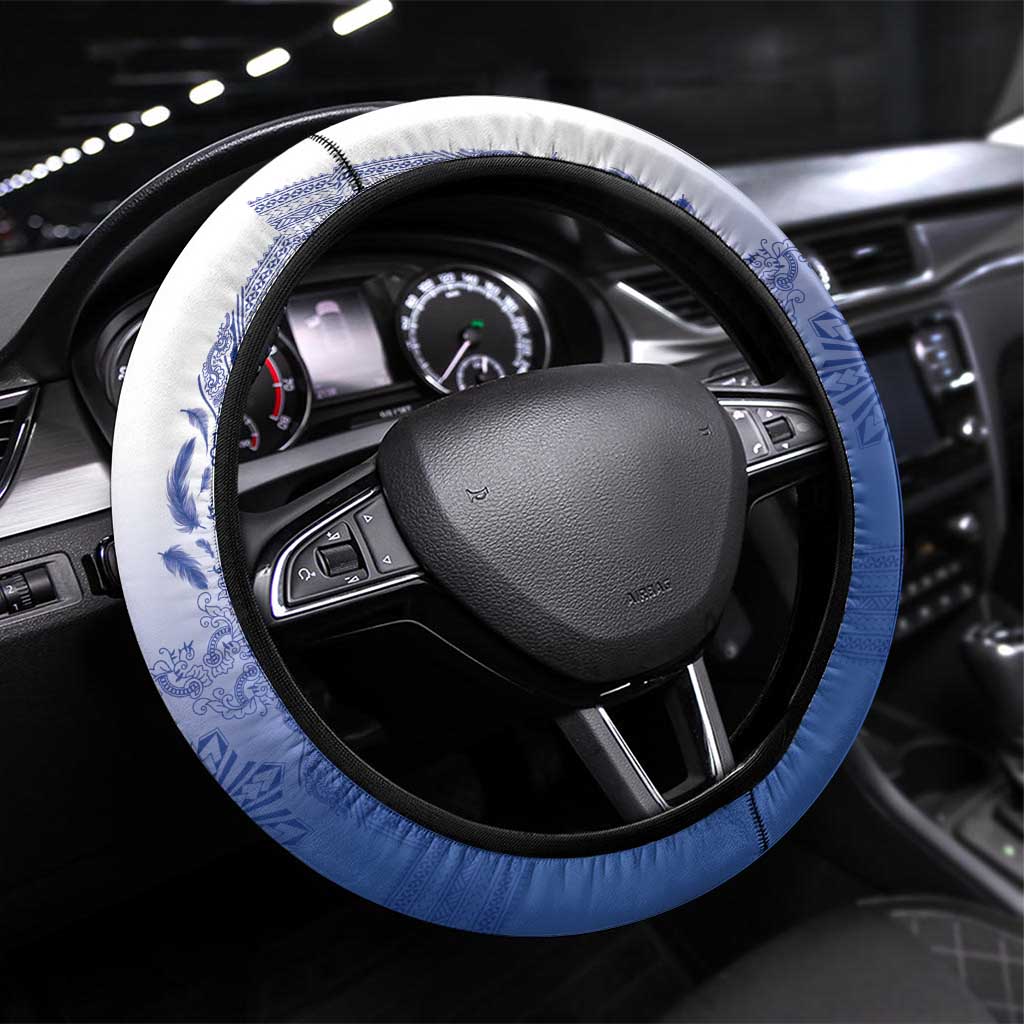 Philippines Barong Style Steering Wheel Cover with Polynesian Art and Leaf Motif Blue Color