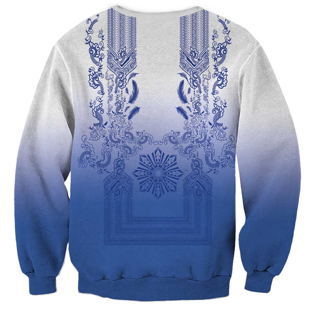 Philippines Barong Style Sweatshirt with Polynesian Art and Leaf Motif Blue Color