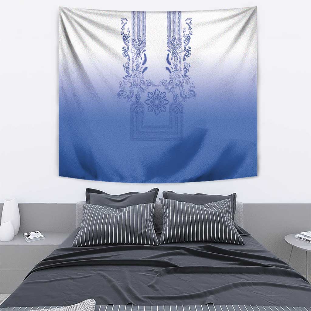Philippines Barong Style Tapestry with Polynesian Art and Leaf Motif Blue Color