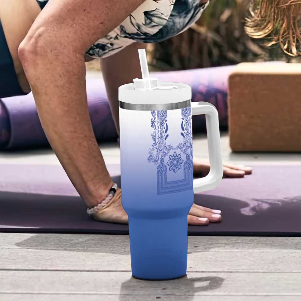 Philippines Barong Style Tumbler With Handle with Polynesian Art and Leaf Motif Blue Color