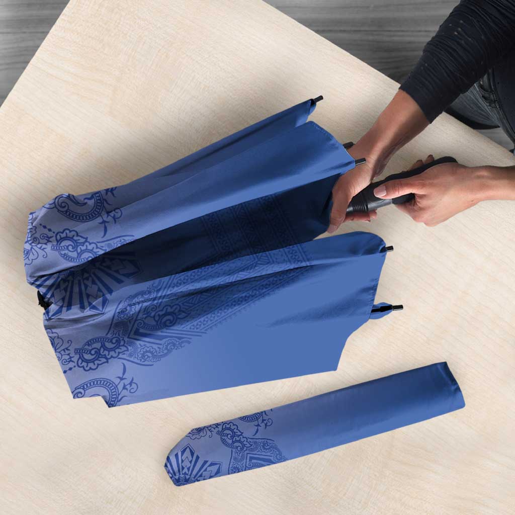 Philippines Barong Style Umbrella with Polynesian Art and Leaf Motif Blue Color