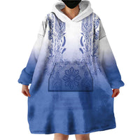 Philippines Barong Style Wearable Blanket Hoodie with Polynesian Art and Leaf Motif Blue Color