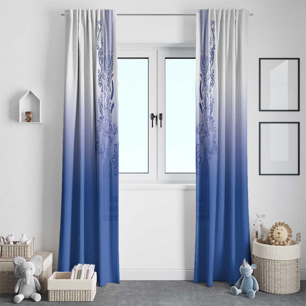 Philippines Barong Style Window Curtain with Polynesian Art and Leaf Motif Blue Color